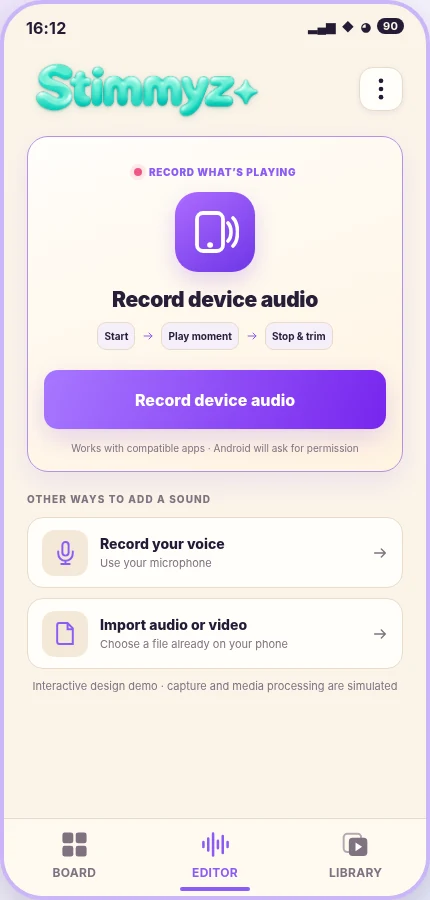 Stimmyz Editor screen showing device audio capture, voice recording and file import