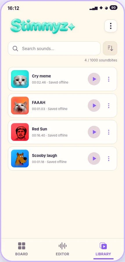 Stimmyz Library screen with saved audio clips and playback controls